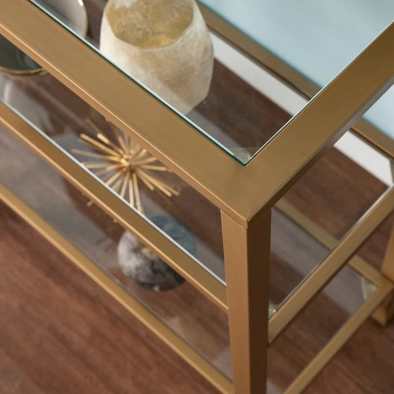 Console étroite en métal avec étagères en verre - doré