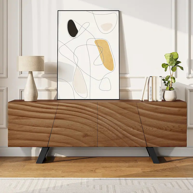 Meuble TV de rangement à quatre portes avec relief d'ondulations d'eau