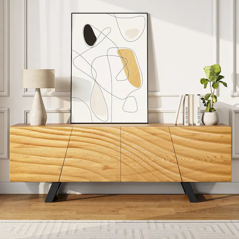 Meuble TV de rangement à quatre portes avec relief d'ondulations d'eau