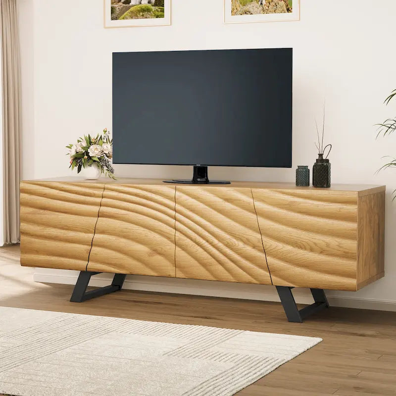 Meuble TV de rangement à quatre portes avec relief d'ondulations d'eau