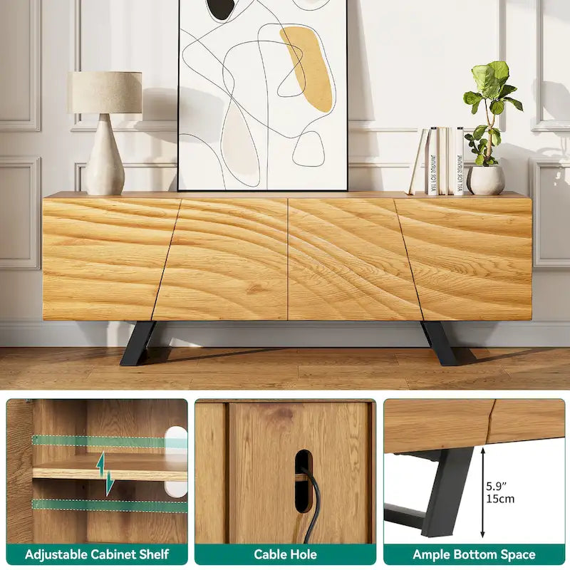 Meuble TV de rangement à quatre portes avec relief d'ondulations d'eau