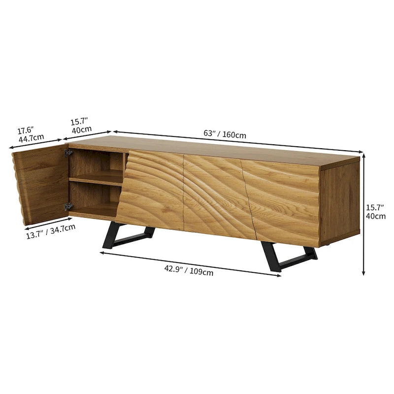 Meuble TV de rangement à quatre portes avec relief d'ondulations d'eau