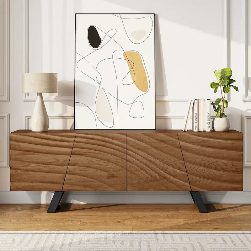 Meuble TV de rangement à quatre portes avec relief d'ondulations d'eau